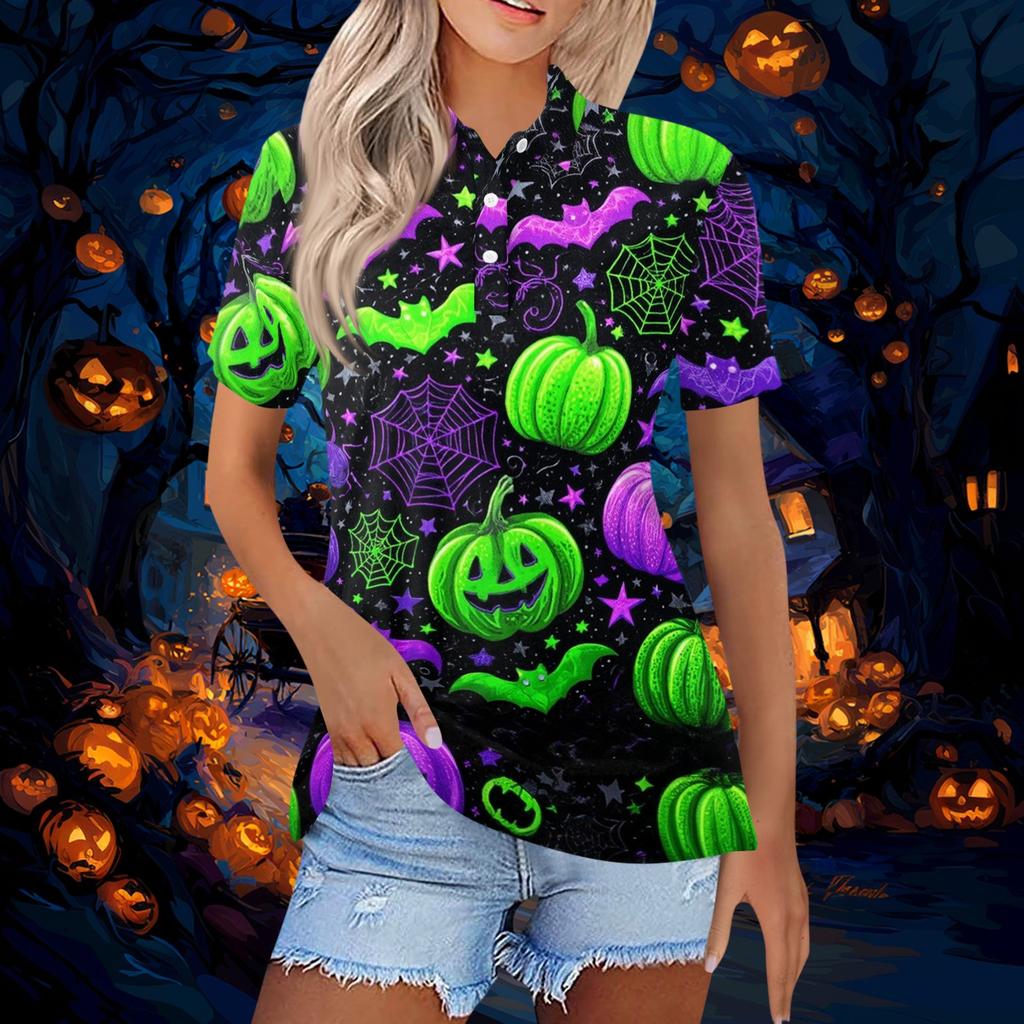 Women's Short Sleeve Button Down Collared Top with Halloween Print - Casual Fashion Blouse with Side Slits