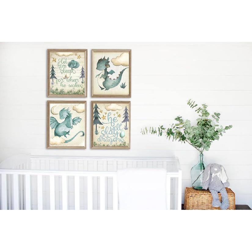 Silly Goose Gifts Let Him Sleep - Dragon Themed Wall Art Prints (Set of 4) Hanging Picture Nursery Kids Room Decor 8x10in