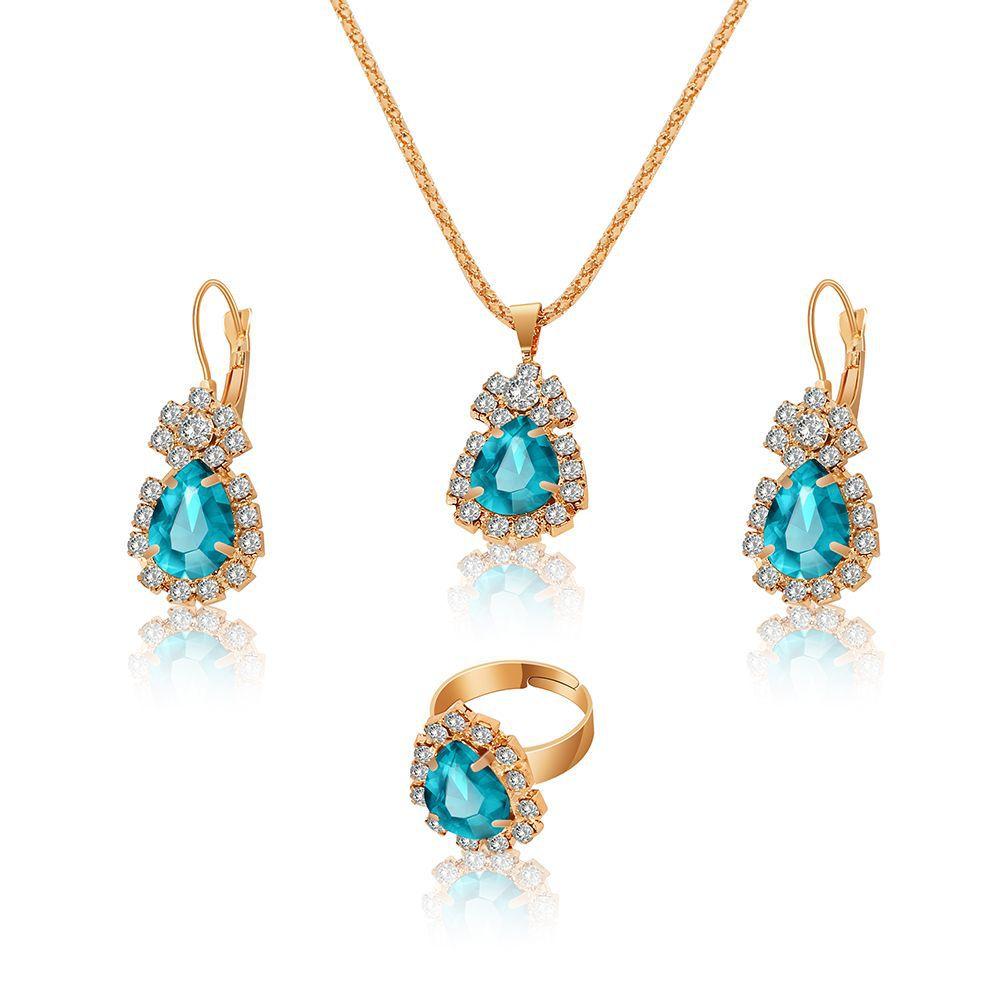 Wholesale Bridal Jewelry Set Ins Water Drop Rhinestone Necklace Earrings Ring Set