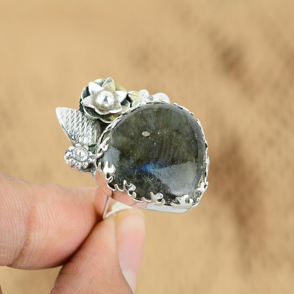 Mothers Day Sale Natural Labradorite Multi Stone Promise Flower Ring 925 Silver