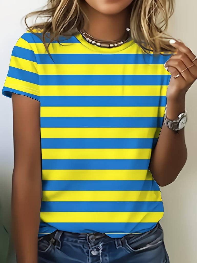 Women's Contrasting Striped Printed T-Shirt Round Neck Loose Short Sleeved Fashion Simple Commuting Top Y2k Tee Woman Clothing