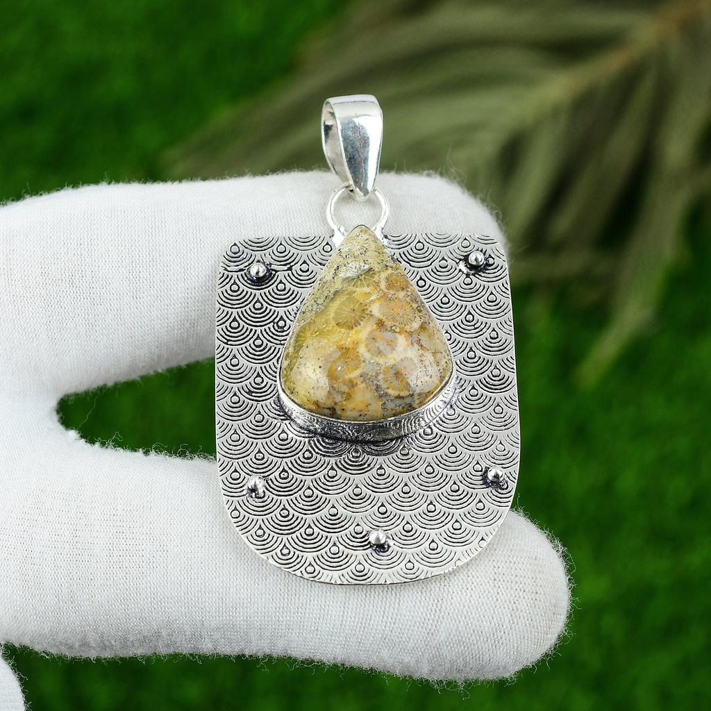 Natural Fossil Coral Gemstone Pendant 925 Sterling Silver Indian Jewelry