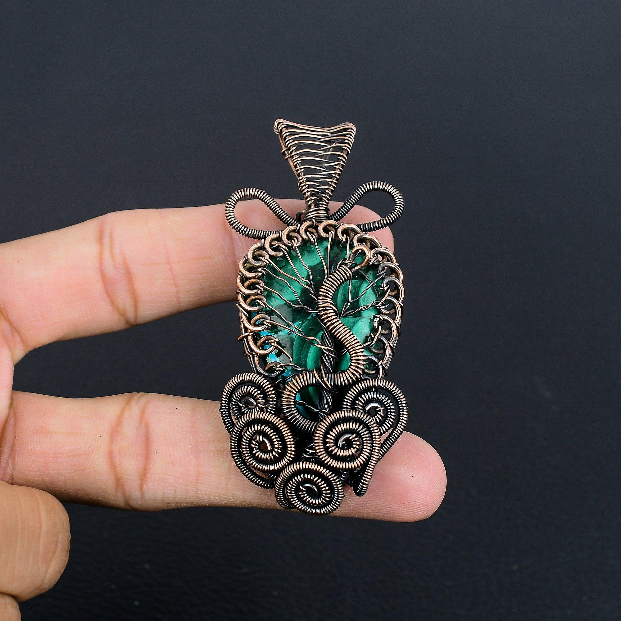 

Подвеска из малахита, подвеска из меди 999 пробы, обернутая проволокой. Подарок для женщин, подвеска ручной работы, ювелирные изделия из драгоценных камней 2.25 Inches