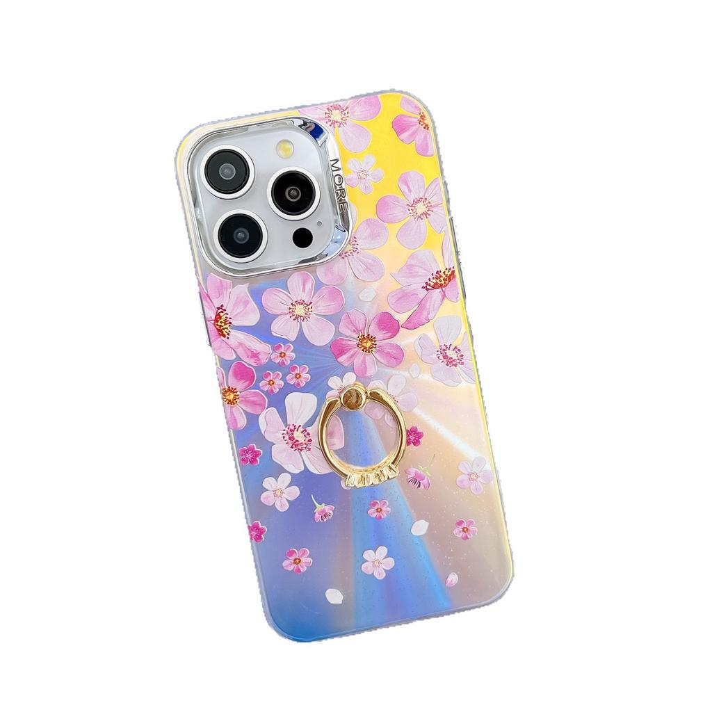 iphone16ProMax Mobile Phone Case Is Suitable for Apple 15 Ring Bracket Electroplated Laser Flower Protective Cover