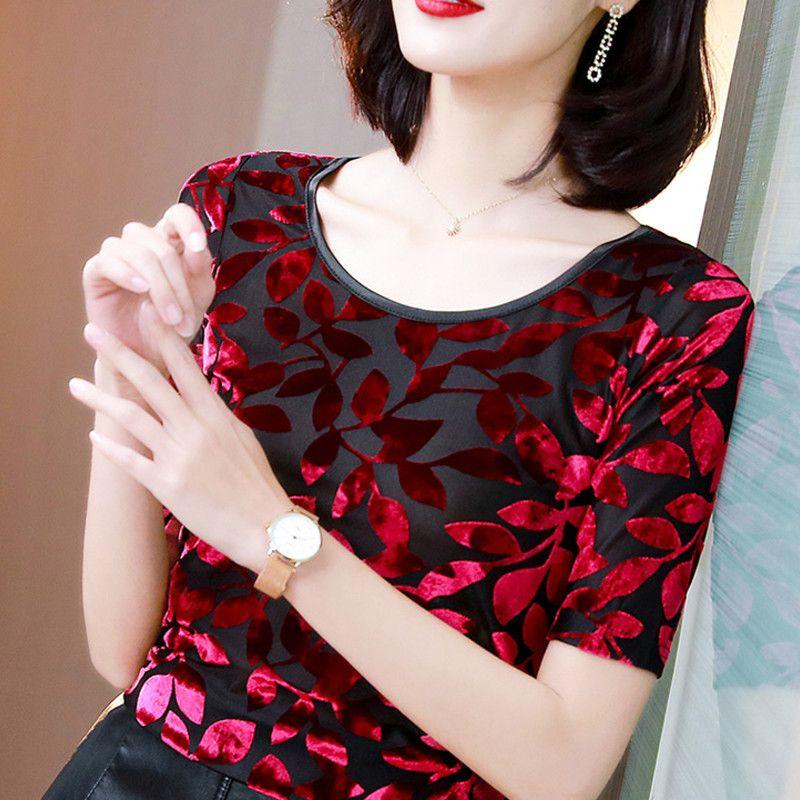 Velurové tričko s kulatým výstřihem a polovičním rukávem, zeštíhlující, ve westernovém stylu, dámské jarní a letní taneční oblečení nadměrné velikosti, spodní tričko