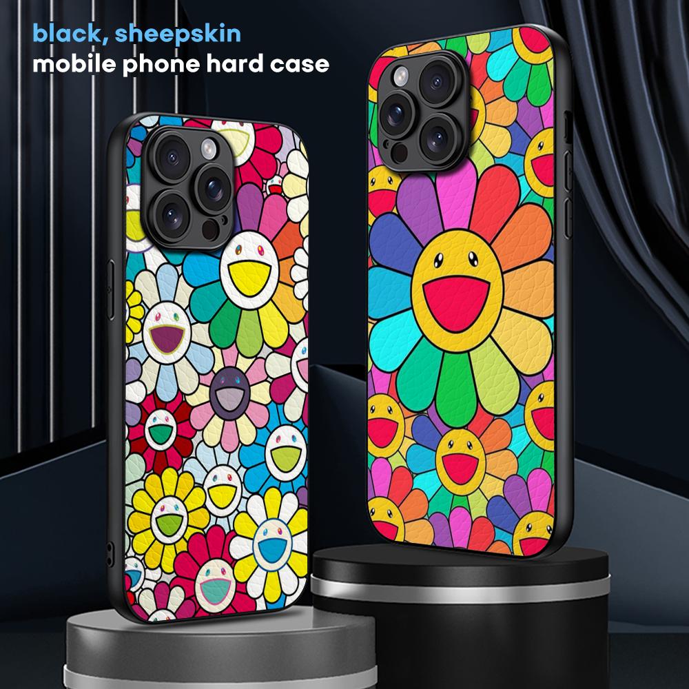Sunflower Japan Painting M-Murakami Art Phone Case For iPhone 16 15 14 13 12 11 Plus Pro Max Limited Black Hard Case Sheepskin