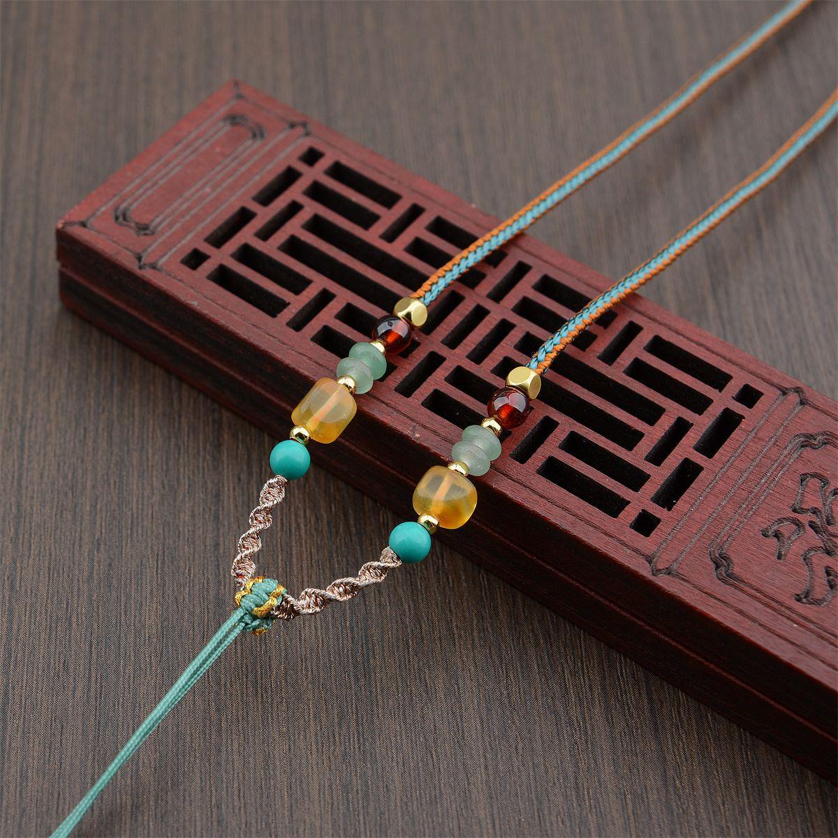 Handwoven Amber & Jade Necklace with Double-Colored Adjustable Rope жёлтый