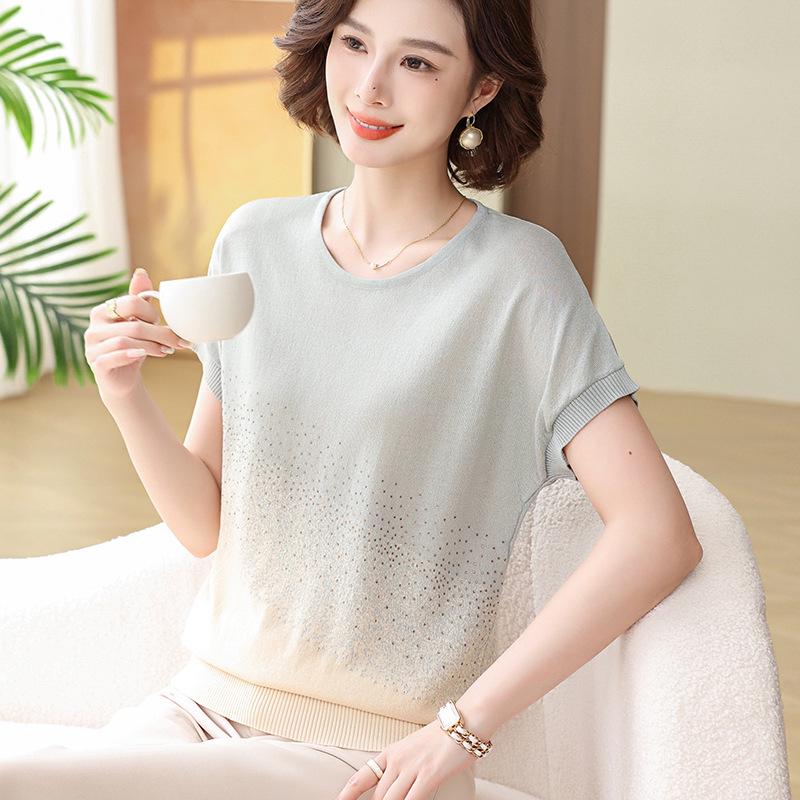 Mother's Day Ice Silk Short-Sleeve Blouse - 2026 New Style for Middle-Aged & Elderly Women