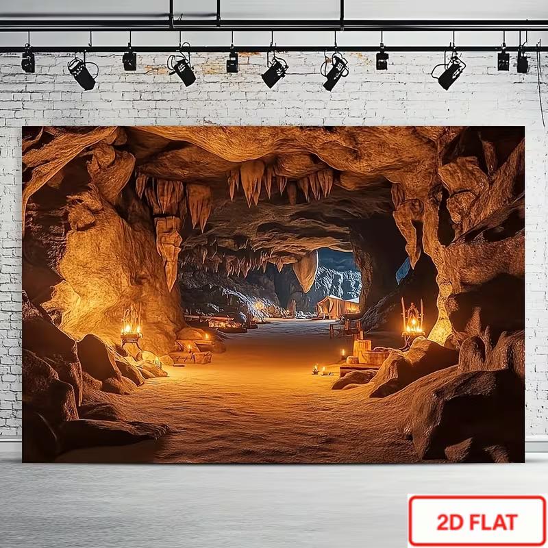 2D Primitive Cave Interior Tapestry Ancient Campfire & Lantern Background Cloth