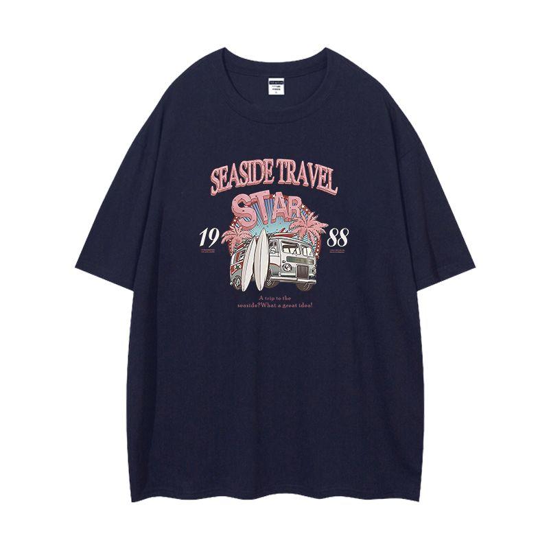 

Rose Park Caiying Same Style American vintage Short sleeve T-shirt Women Summer New Fashion Brand European and American Street Plus size Top Navy blue XL