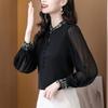 Damen Frühling Herbst Bluse Stilvolle Schwarze Chiffon Chinesischer Stil Hemd mit Langen Ärmeln und Stehkragen