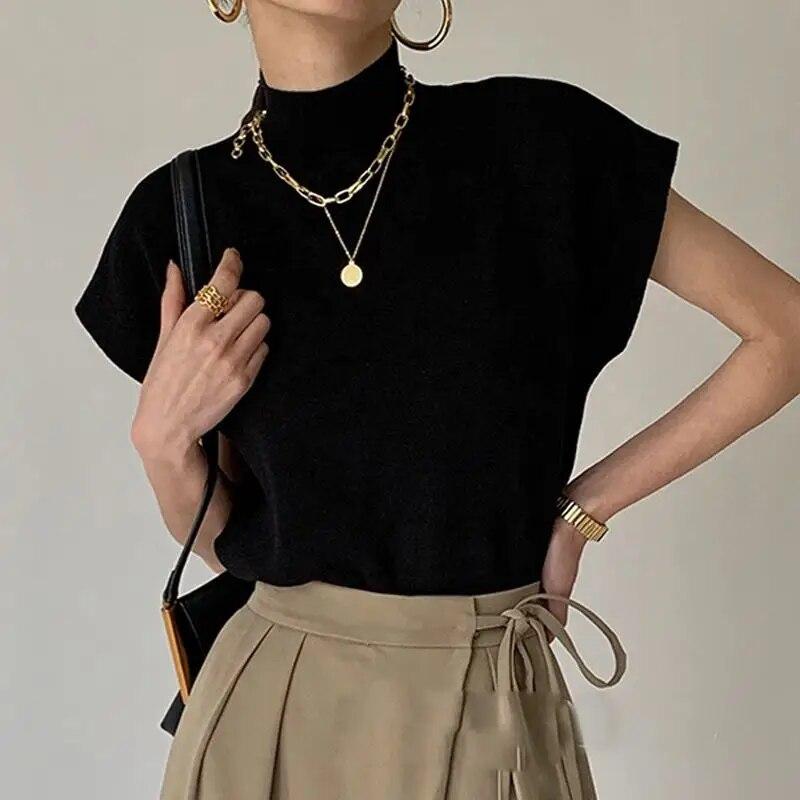 

1 шт. рубашка и блузки для офиса, женская модная летняя женская рубашка с воротником-стойкой, трикотажный жилет, свободные элегантные топы с коротким рукавом One Size чёрный