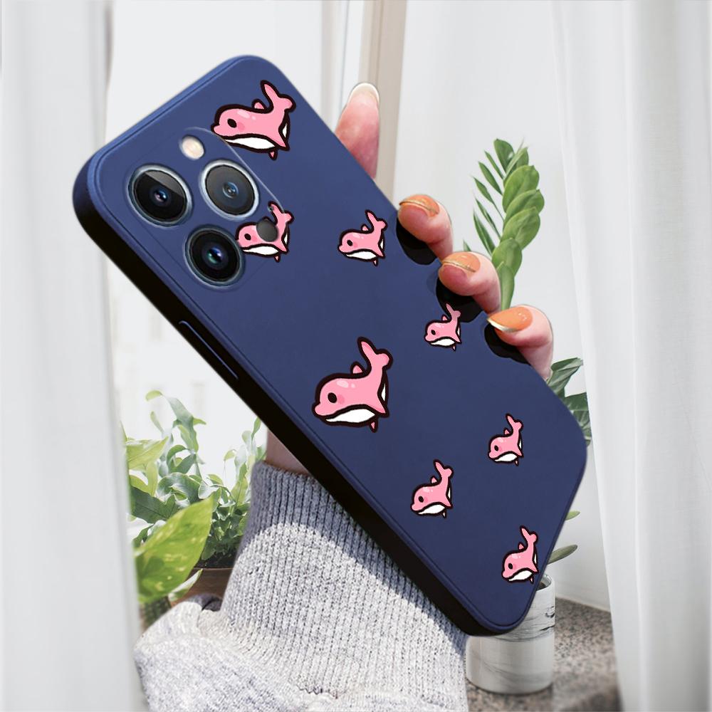 Cute Pink Dolphin Phone Case for iPhone 15 14 13 12 11 Samsung Galaxy A12 A52 S24 S23 Xiaomi POCO Redmi Soft Square Liquid Silicone Cover Casing