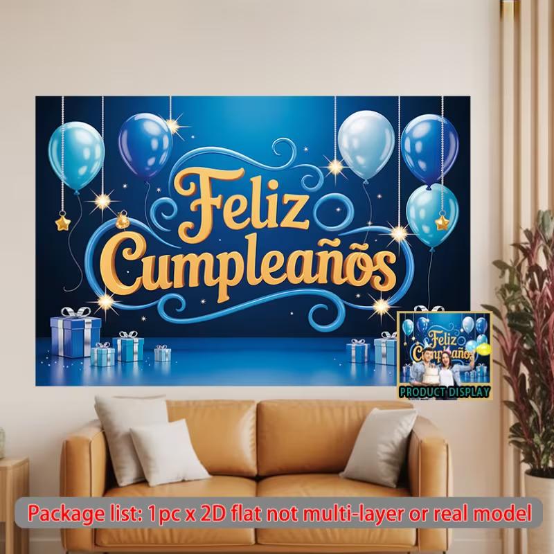 2D Blue Theme Birthday Party Backdrop Spanish Balloon & Present Banner Decoration