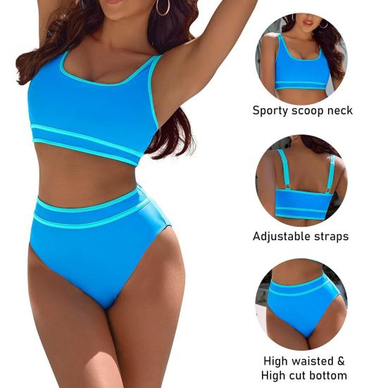 2ks/sada Dámské letní bikini souprava podprsenka bez rukávů s výstřihem do U, kalhotky s vysokým pasem, plavky plavky