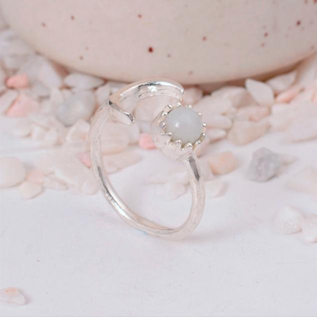 Adjustable Crescent Moonstone Ring | Silver Plated Celestial Brass Jewelry | Witchy Boho Gift for Her