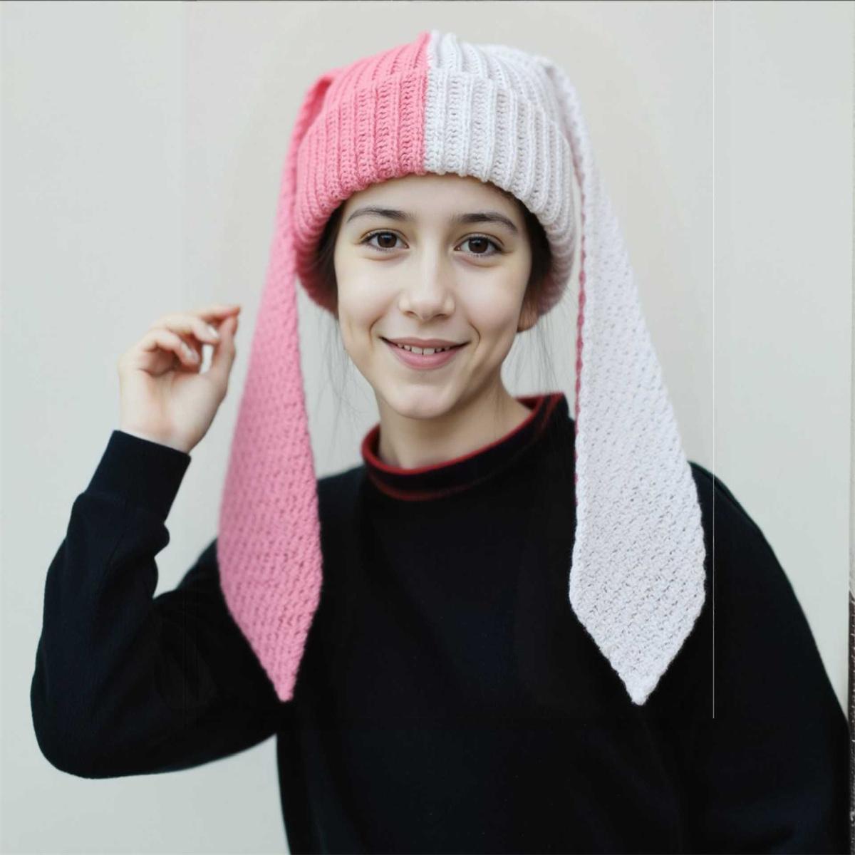 

Sweet and cute rabbit color matching long ear knitted hat for women autumn and winter students warm ear protection wool hat