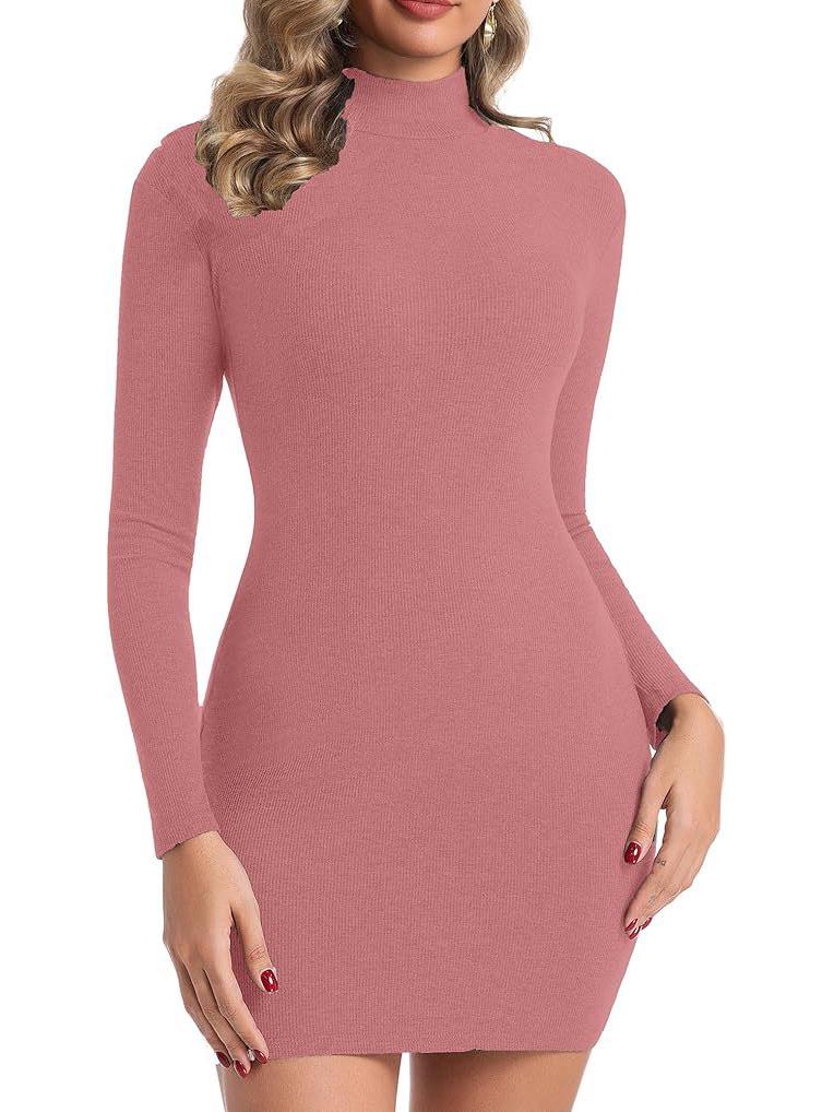 

Европейское и американское облегающее короткое платье с высоким воротником и длинным рукавом в рубчик для весны и осени Small розовый