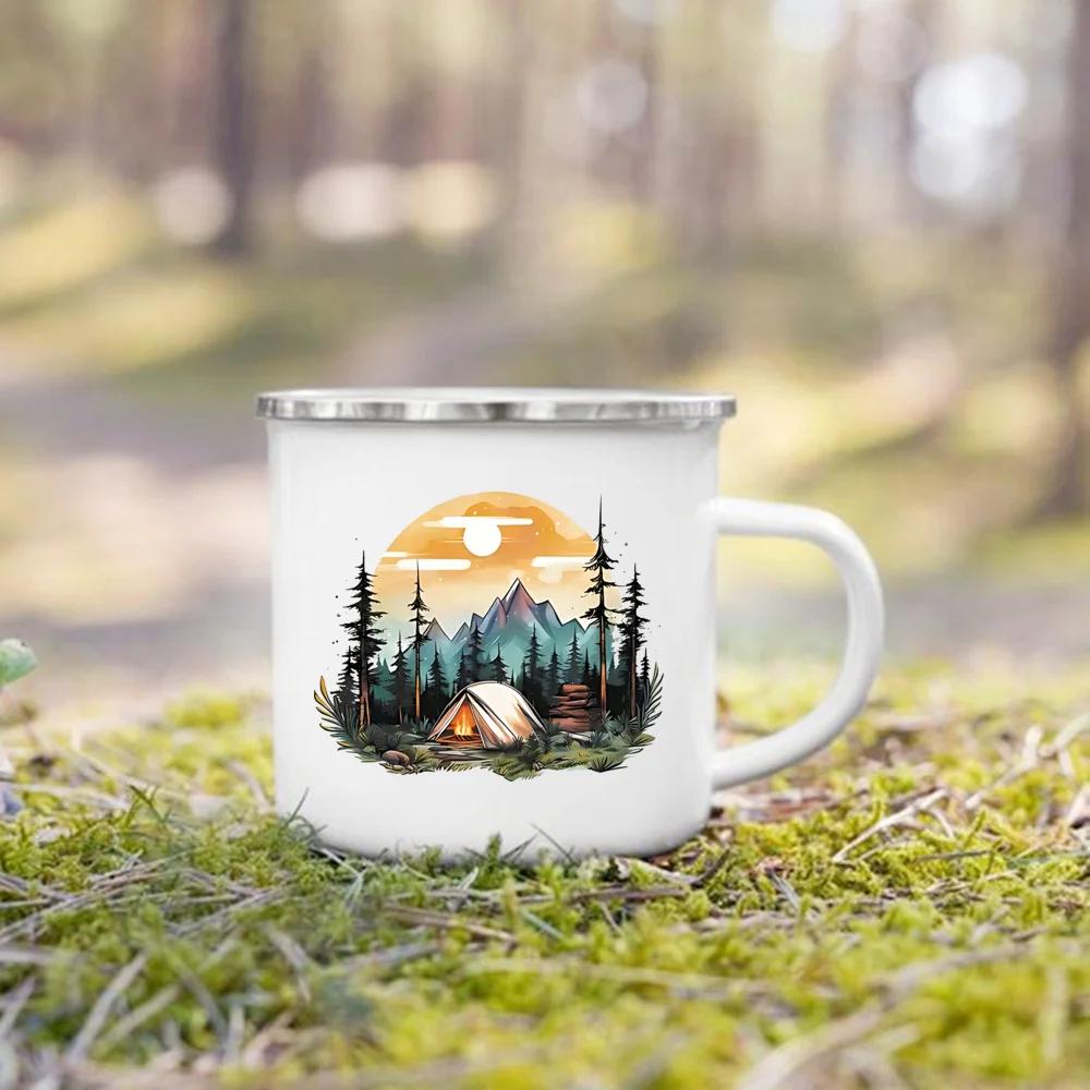 Adventure Day Caravan Printed Camper Mugs Camping Enamel Mug Campfire Party Beer Juice Cup Mountain Handle Cups Gifts for Camper