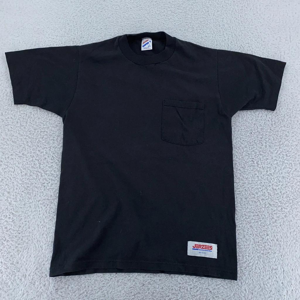 Vintage Jerzees Super T Black Pocket Shirt Mens Small Made USA 50/50 Crew 90s