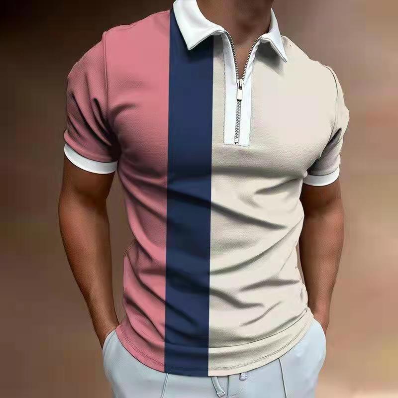 Men S Short Sleeve Polo Shirt Color Block Zip Detail Loose Fit Casual Top