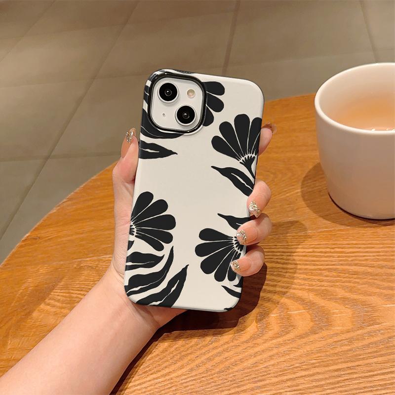 Bold Floral Abstract Black Cream Botanic Leaves Silhouette Art Film Aesthetic Protective Shockproof Bumper Phone Case For iPhone 14 15 16 Pro Max Plus