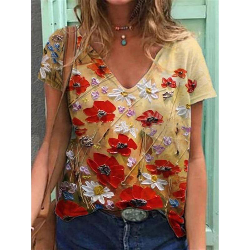 

Женская летняя футболка с цветочным 3D-принтом, свободная, повседневная, с V-образным вырезом и короткими рукавами 5XL