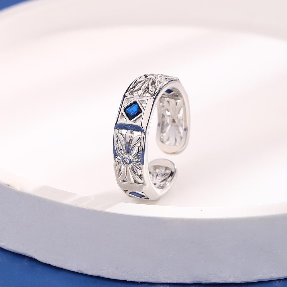 Ladies Adjustable Hollow Flower Square Zircon Open Rings Jewelry