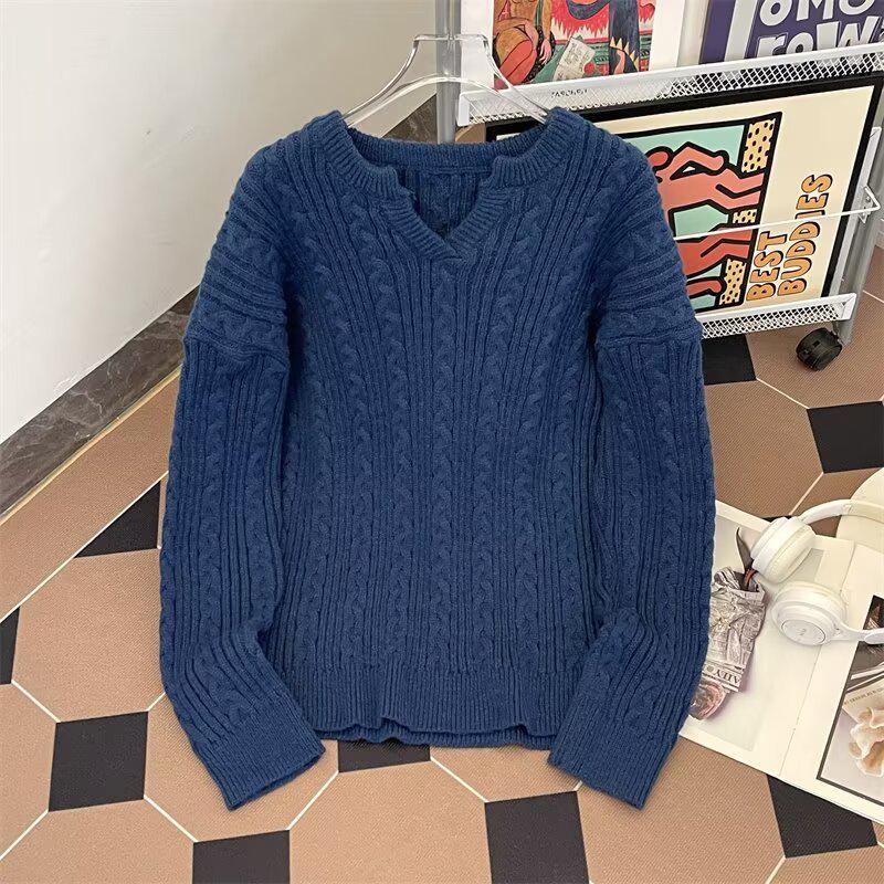 2025 Men's Thick V-Neck Cable Knit Loose Casual Sweater for Autumn