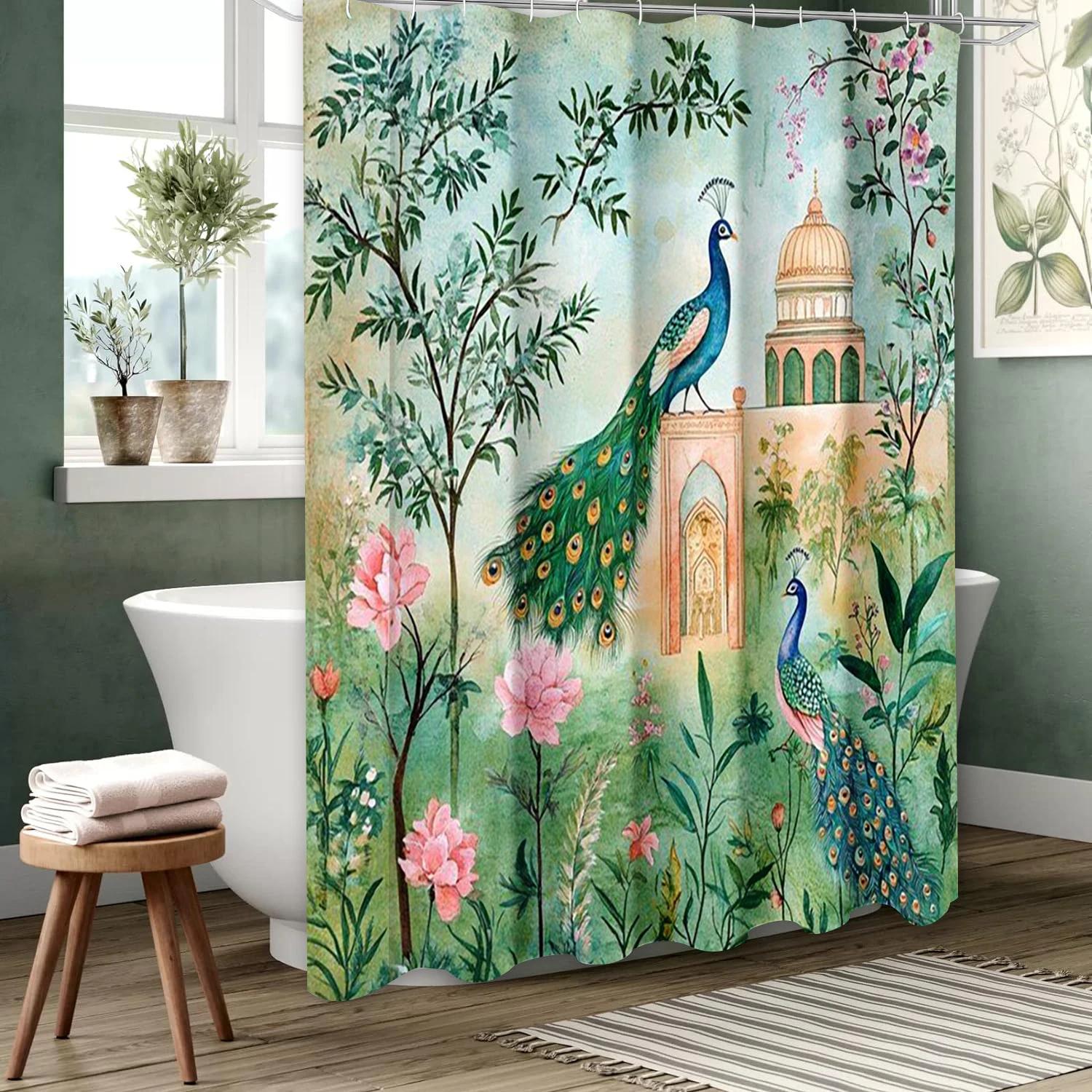 

Peacock Landscape Pattern Bathing Curtain Bathroom Letters Shower Curtain Waterproof With 12 Hooks Fishes Home Deco W60H190(CM)-1 Pcs