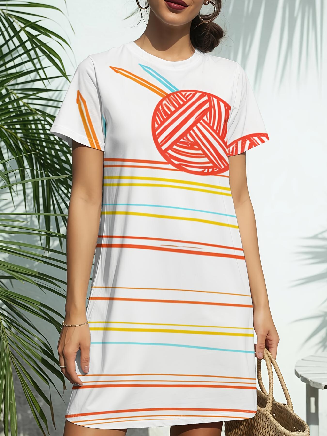 

Women s Yarn Ball Print Short Sleeve T-Shirt Dress - Round Neck Casual to Dressy Smock Dress. Spring Summer Blouse Dress Suitable for Daily Wear. Date XL дубильная кора