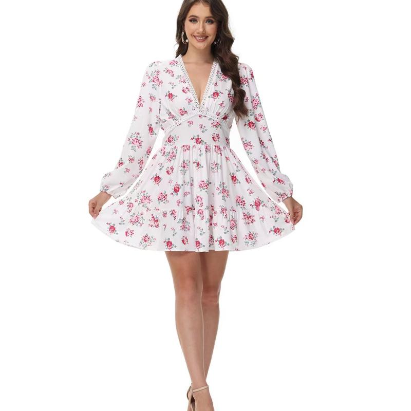 Summer V-Neck Lace Long Sleeve Dress Floral Printed Slim Fits Sexy Dress Sweet High Waist A-line Mini Dress