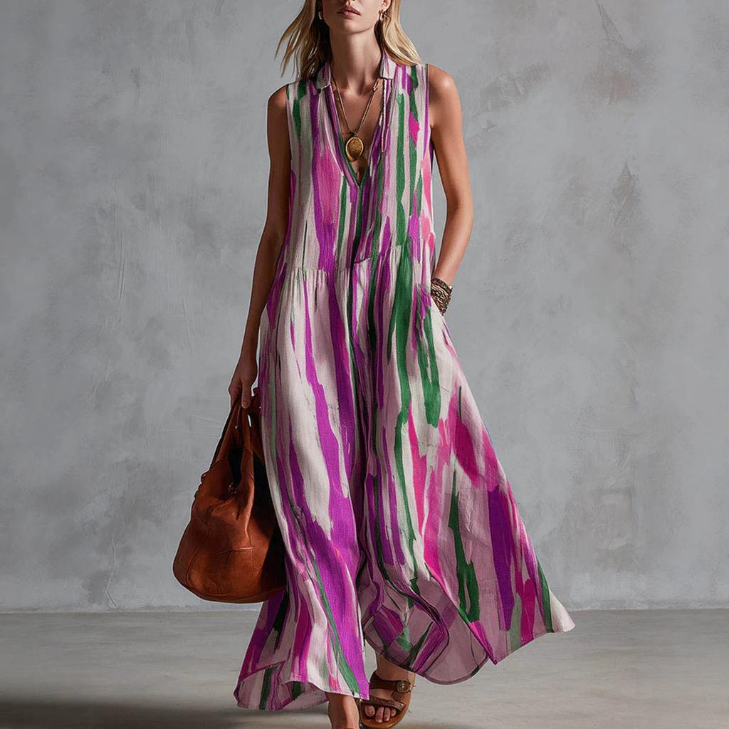 Women's Fashion Color Striped Sleeveless Deep V-Neck Off-Shoulder Dress