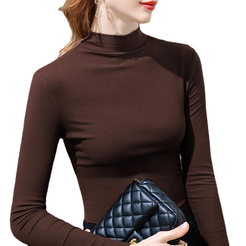 Liten skjorte med høy krage med bunn i feminin stil Halv høy krage Langermet T-skjorte Slank ensfarget skjorte