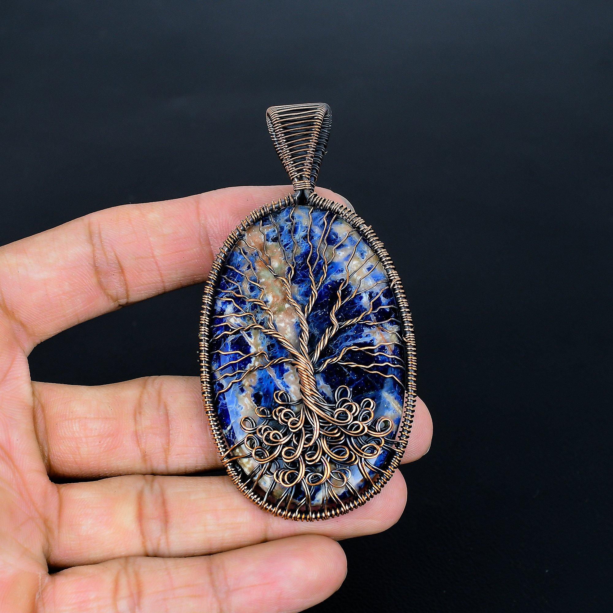 

Подвеска Древо Жизни с содалитом, Подвеска ручной работы из драгоценного камня, обернутая медной проволокой 999 пробы, Антикварное украшение, Для подарка, Медное украшение 3.46 Inches