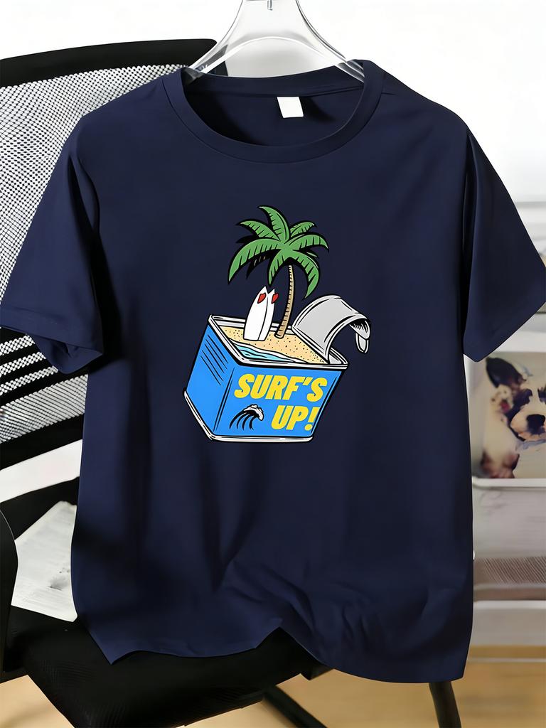 Surfs Up Tin Can Palm Surfboard Art Print Unisexs Crew Neck Short Sleeve Casual Basic Summer Daily Soft Comfort Fit Wear Tee Shirt