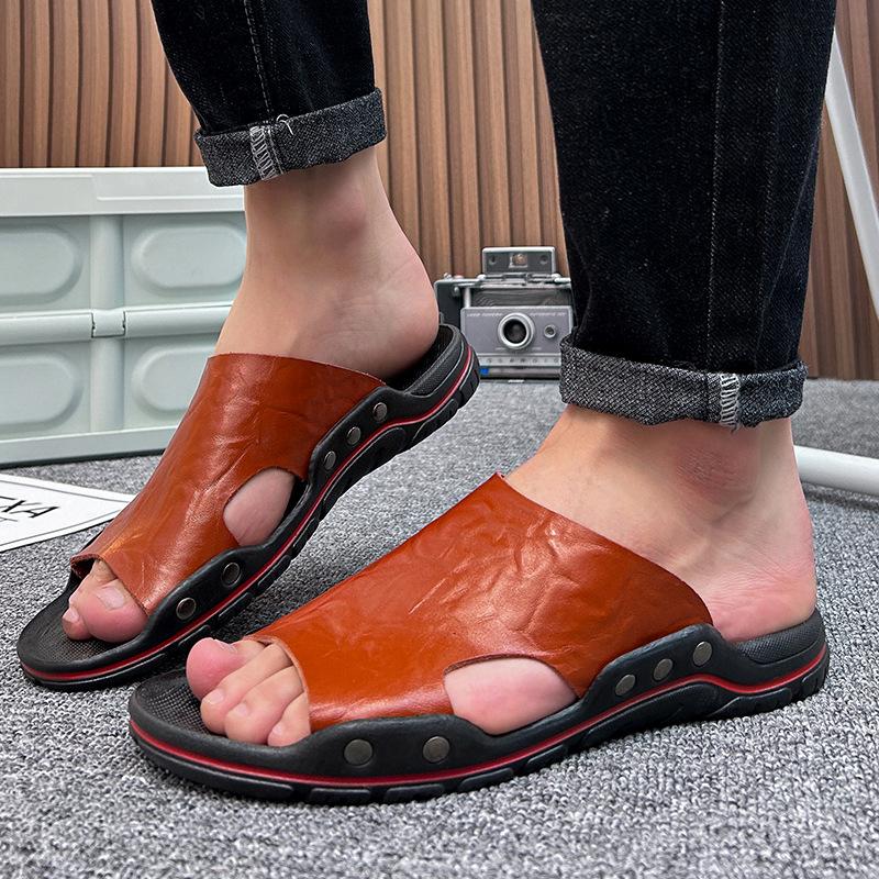 2025 summer new leather one-word cool slippers men wear breathable and odorless trend versatile sandals men's large size