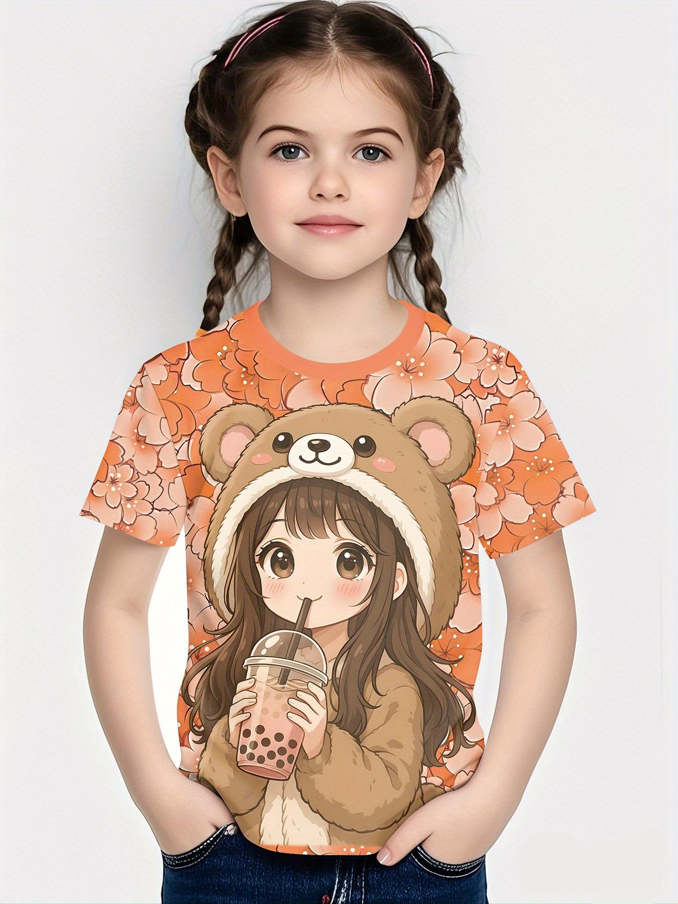 

Girls summer short-sleeved tops - cute bear ear tea print T-shirt, casual summer wear 100