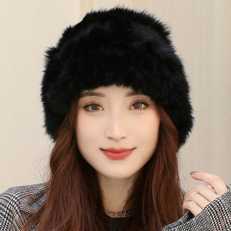 Rabbit Fur Knitted Bucket Hat Women's Autumn and Winter Ear Protection Warm Windproof Wool Hat Winter Hat
