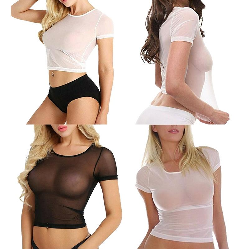 See Womens Fashion Through Mesh Sheer Tank Crop Top Vest Tshirt Blouse Tee Tops