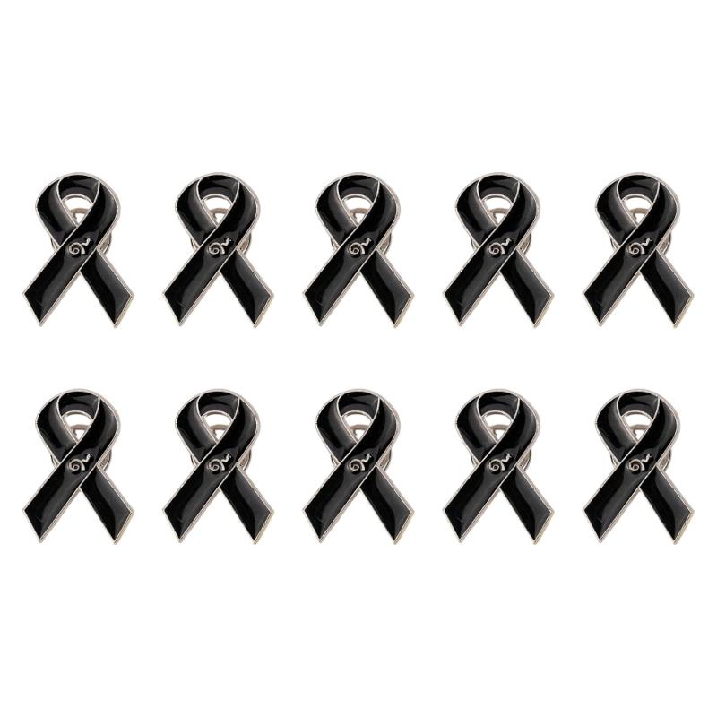 10 Piece Stylish Black Ribbon Badge For Cancer Awareness Programs And Formal Clothing Alloy Enamel Brooch Corsage Pin