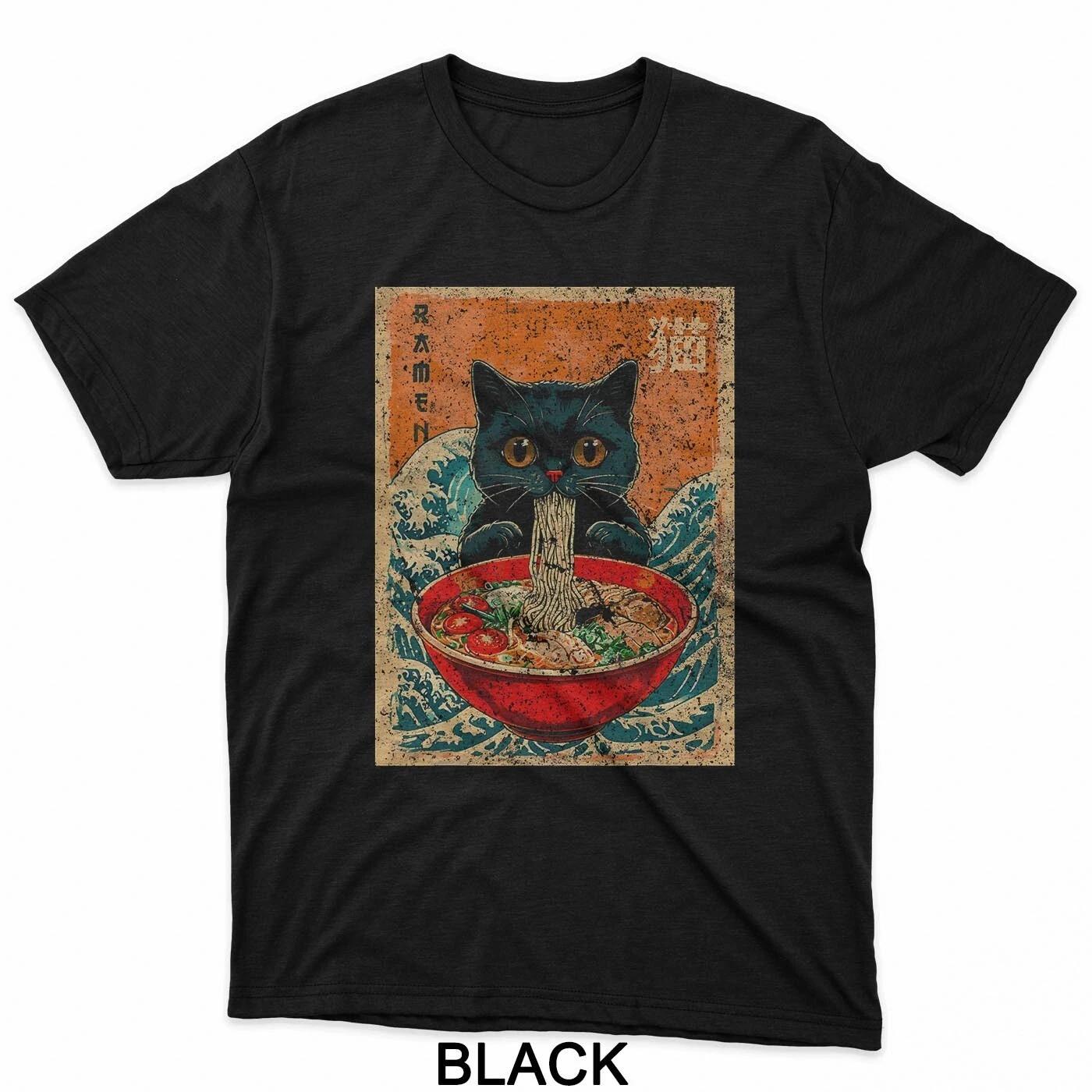 Cat Ramen Japanese Anime Shirt Funny Graphic Tees Kawaii Cat T-Shirt 4XL