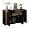 Sideboard/chest of Drawers, with 3 Doors, 1 Drawer and Adjustable LED Lighting – In Black with Natural Wood Grain, 140×40×82cm