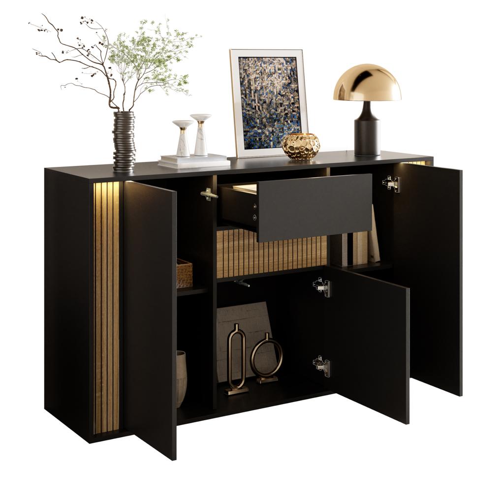 Sideboard/chest of Drawers, with 3 Doors, 1 Drawer and Adjustable LED Lighting – In Black with Natural Wood Grain, 140×40×82cm