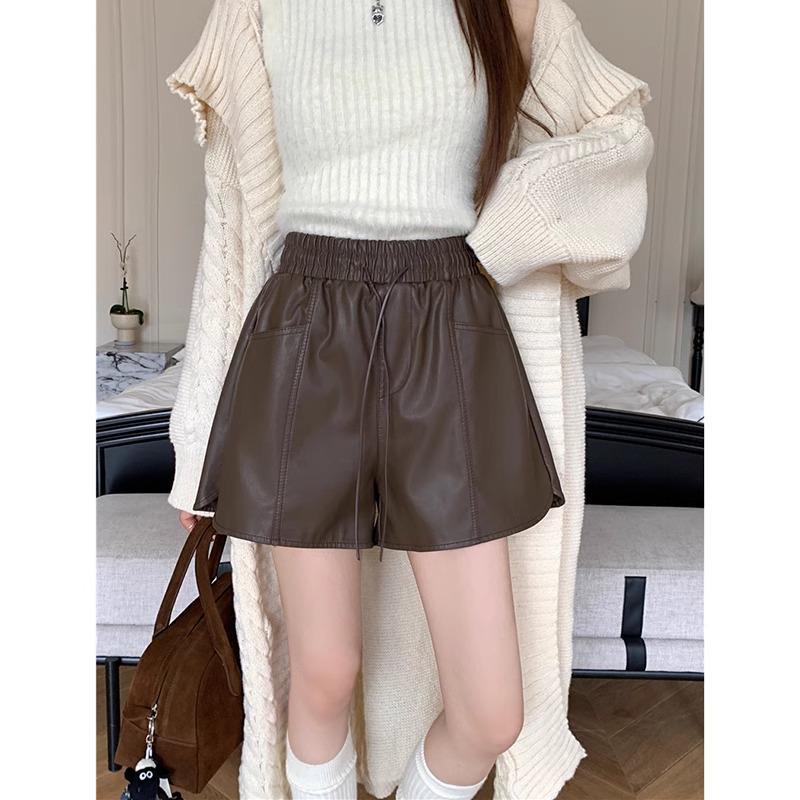 Women's High Waist PU Leather Shorts - Autumn 2024, Mylar Style, Slimming Drawstring, Versatile Wide-Leg Casual Wear