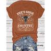 Women's Short Sleeve T-shirt She's Gone Country Bull Skull with Stars Design Western Cowboy Graphic T-Shirt