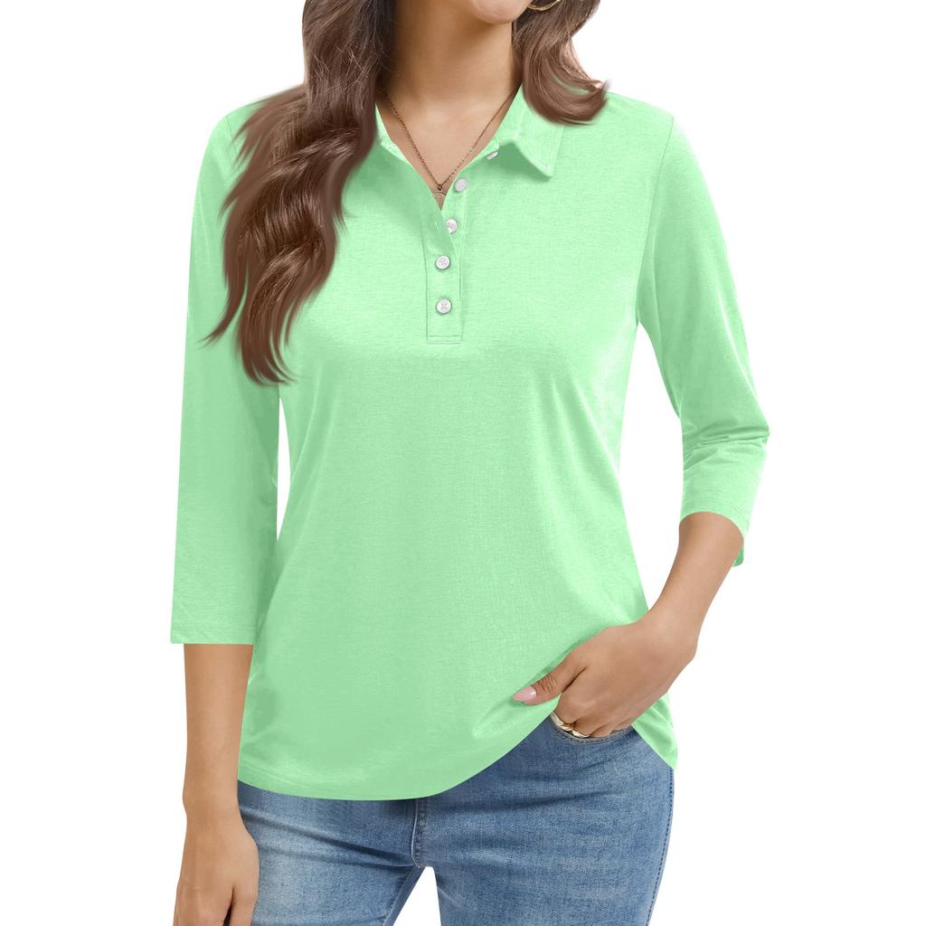 Women's Fashion Casual Lapel Short 3/4 Sleeve Color Shirt Women's Button Up Tops