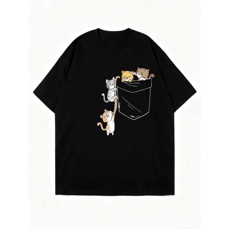 Cute Cat Pocket Print Oversized T Shirt Black Cartoon Cats In Pocket Design Casual Wear For Women Summer Outfit Streetwear Fashion