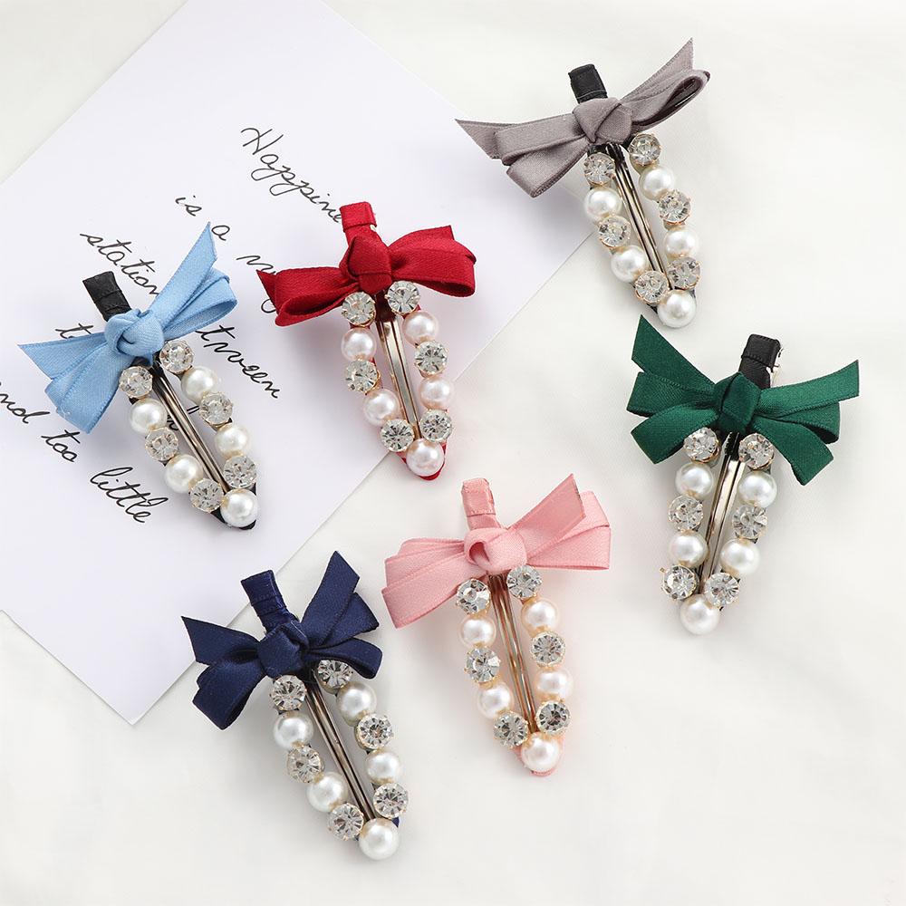 

Women s Korean Style Short Double Crystal Bow Pearl Slide Clip Barrette Hairpin Hair Clip