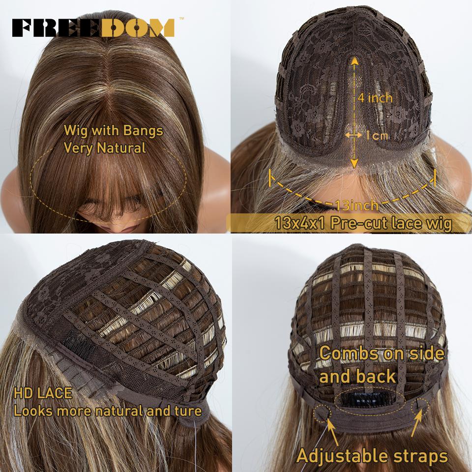 FREEDOM Gerade Geschichtete Synthetische Spitze Front Perücke Mit Pony 20 Zoll Ombre Braun Blond Vorgeschnittene Spitze Perücken Rosa Cosplay Perücke
